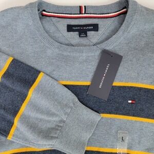 Tommy Hilfiger‎ NEW Men's L Blue Yellow Striped Preppy Coastal Crewneck Sweater